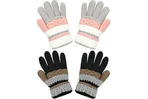 Becellen 2 Pares Guantes Invierno Niños, Guantes Termicos de Dedo Completo de Punto Guantes Elásticas Rayas Mágicos para Niñas de 4 a 10 Años