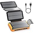 Potuem Solar Power Bank 32000mAh Fast Charging Portable Charger with 4 Cables and 4 Solar Panels Solar, Wireless Solar Charger with LED Flashlights, Outdoor External Battery for Phone