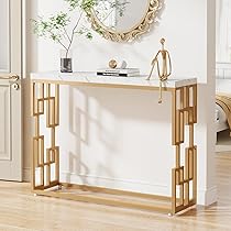 Table Console 100 Cm Imitation Marbre Avec Pieds Dorés - Design Moderne, Pour Salon, Entrée, Couloir, Blanc Et Or