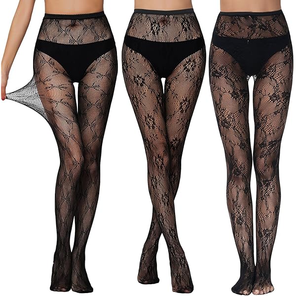 Collant Donna A Rete Nere - Vita Alta, Motivi A Pizzo, Per Feste E Serate, Eleganti E Sexy