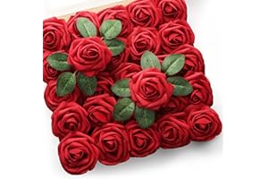 Mocoosy 50Pcs Rouges Roses Fleurs Artificielles, Rouge Foncé Roses Latex Faux Roses avec Tige DIY pour Mariage Mariée Bouquets Centres de Table, Saint Valentin, Fête des Mères Fête Maison Décorations