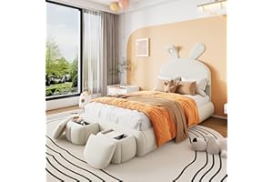 ‎JOVIFY Polsterbett 90x200 cm, Kinderbett mit 2 Aufbewahrungshockern und LED-Nachttischbeleuchtung, ausklappbare Hasenohren, LED Bettgestell für Mädchen, Jugendbett mit Lattenrost, Samt, Beige, ohne Matratze
