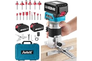 Avhrit Cordless Compact Wood Palm Router, 21V Wood Router Tool with 2PCS 4.0Ah Batteries, Brushless Power Hand Palm Routers for Woodworking, Wood Trimmer Cutting with 15 Pieces 1/4" Router Bits Set