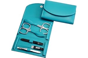 ‎SONNENSCHEIN BY HANS KNIEBES Maniküre Set - 5 teiliges Nagelpflegeset - Echtes Nappa-Lammleder Manicure Etui - Nagelschere, Hautschere, Nagelfeile, Pinzette und Doppelinstrument (Türkis)
