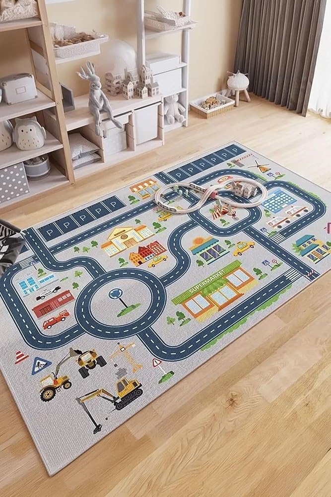 Decomia Home Dijital Kaymaz Yıkanabilir Arabalı Yol Haritası Oyun Halısı Çocuk Odası Halısı Oyun Matı,Mavi 100 X 200