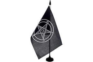 AZ FLAG - Bafomet Stół Flaga Zakonu Świątyni 21 x 14 cm - Mała flaga Kościoła Szatana Biurowego 100% Poliester z Hampem 25 cm i czarną plastikową podstawą