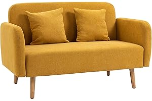 ‎HOMCOM HOMCOM Sofa 2 Sitzer Couch mit 2 Wurfkissen, Kleine Loveseat mit Samtopik Modern Polstersofa für Wohnzimmer, Schlafzimmer, kleinen Raum, Gelb 130 x 70 x 80 cm