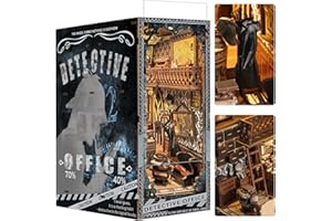Quanquer DIY Book Nook Kit-Detective Office with Dust Cover 3D Wooden Puzzle Miniature Dollhosue Bookshelf Decor NookBook with LED Light and Furniture,Creativity Gift for Adults Teens