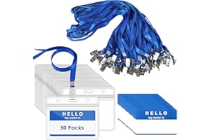Gimars 50SETS Funda de Tarjeta Identificación PVC Transparente Portatarjeta Impermeable Horizontal con Clip Colgante Tarjeta Identificativa con Cinta de Cuello para Conferencias Empleados Ferias,Azul