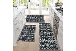 Falflor Moroccan Trellis Kitchen Rug Sets of 3 Non Slip Kitchen Rug Sets Floral Pattern Floor Mats for Kitchen Low Pile Kitchen Rugs Floor Carpet Sets for Entryway Bathroom Dinning Room