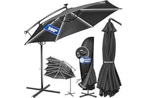 KESSER® Alu Ampelschirm LED Solar Ø350cm Inkl. Abdeckung Fernbedienung Kurbelvorrichtung Kurbelschirm mit Ständer 360° Funktion UV-Schutz Aluminium Wasserabweisend Garten-Schirm Marktschirm Anthrazit