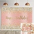 Rose Gold Happy Birthday Photography Backdrop Pink and Gold Dot Glitter Diamonds Bokeh Background for Women Girls Lady Sweet Party Decorations Photo Props (7X5FT)