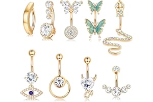 Diamday 9 Pcs 14G Piercing Ombligo para Mujeres Niñas Acero Inoxidable CZ Barras de Vientre Ombligo Anillos Bananabells Curvas Piercing Joyería Piercing para Ojo Maligno Mariposa