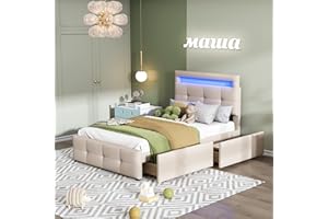 Rtopsu Letto Imbottito Letto Singolo 90x200 cm con Illuminazione a LED, Letti per Ragazzi con 2 Cassetti a Contenitore, Letti per Bambini con Telaio a Doghe in Legno, Lino, Beige, Senza Materasso