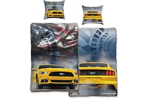 BERONAGE Ford Mustang Legend pościel żółta/niebieska 135 cm x 200 cm + 80 cm x 80 cm Stang Pony-US-Muscle-Car 100% bawełna w jakości renforcé-Line Shelby GT 2 motywy dwustronna pościel z zamkiem błyskawicznym