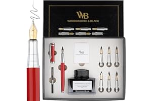 Wordsworth & Black Set regalo penna per calligrafia, include bottiglia d'inchiostro, 6 cartucce d'inchiostro, convertitore ricarica d'inchiostro, 6 punte di ricambio, Pacchetto Premium[Cromo Rosso]