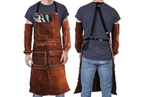LESOLAR Carpenters Tool Apron Leather Welding Apron with Sleeves, Woodworking Apron with Pockets,Heat Resistant Flame Retardant Workshop Supplies
