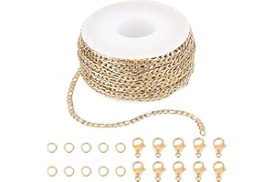 Sunnyclue Diy 10m 32.8 pies 3mm Rollo de Cadena de Oro Figaro Cadenas Collar de Cadena de Cable de Acero Inoxidable Cadenas con Anillos de Salto Cierres de Langosta para Mujeres Kits de Fabricación de