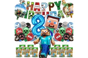 Fizdoqg Miner Gamer Geburtstagsdeko Jungen Set 8 Jahre Geburtstags Deko Partydeko Birthday Decoration mit Foil Balloons Banner und Geschenktüten für Kindergeburtstag Partydekorationen (8)
