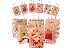 AVAGIAFORU Bolsa Regalo Navidad, 12 Piezas Bolsas de Regalo con Asa, Bolsas de Papel Kraft, Bolsas de Navidad de Papel, para Fiesta de Envolver Regalos, 21 x 15 x 8 cm