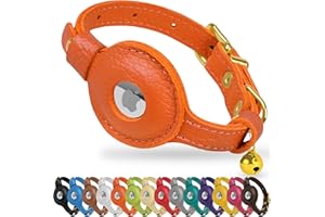 OOPSDOGGY Cat Collar with Bell for AirTag - Non Breakaway Leather Kitten Collar with Apple Air Tag Holder - Lightweight Integrated GPS Pet Collars for Girl Boy Cats, Small Dogs, Puppies (Orange)
