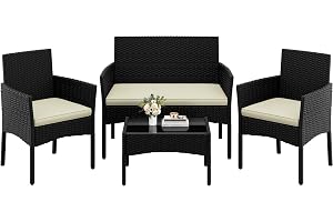 Yaheetech Set med 4 trädgårdsmöbler, balkongmöbler, sats av polyrattan terrassmöbler, utomhus med 2 soffor, 2 stolar, bord och sittdyna för terrass/balkong/trädgård