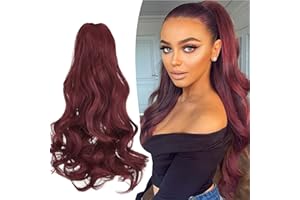 Gairyan 45cm Coda Finta Capelli Extension Ricci con Pinza Posticci per Capelli Sintetici Extension Coda Capelli Mossi Ondulati Lunghi Clip Coda di Cavallo Claw Naturale per Donna - Vino rosso