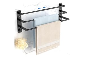 Otoomenz Towel Rail Wall Mounted 3-Tier Bath Towel Rack, 2 Installation Methods Adjustable 35.5-70cm Towel Holder, SUS 304 Stainless Steel Towel Shelves, Towel Bar for Bathroom Kitchen Office(Black)