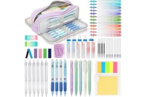 VICHOS Set Evidenziatori, 63 pezzi Scuola Cancelleria Aesthetic con Astuccio Viola, 12 Evidenziatori, 6 Matita Meccanica, 5 Penne Gel, 4 Penne Cancellabili e Altro Forniture Scolastiche