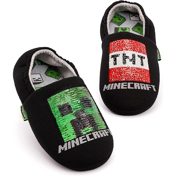 Minecraft Slippers voor jongens | Diverse stijlen Kinderen Blauw Marine Zwart Pailletten Creeper Huisschoenen voor jongens | Kinderen & tieners gaming kleding, Zwart, 35 EU