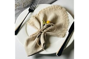Dololoo Handmade Cloth Napkins, Cotton Linen Cloth Napkins with Fringe, Versatile Handmade Square Rustic Fringe Napkins for Dinner, Wedding and Parties, 45 x 45 CM Set of 6, Beige