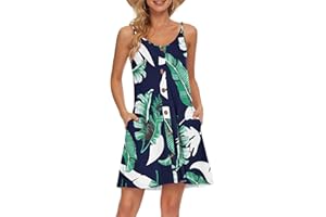 AUSELILY Femmes D'été Bretelles Spaghetti Boutonné Col en V Décontracté Plage Robe De Couverture avec Poches