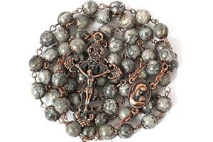 Nazareth Store Natural Stone Beads 8mm Rosary Necklace Antique Copper Design Holy Soil Medal & Cross in Velvet Bag - Catholic Rosaries Terra Santa Jerusalem Collection (Map Stone)