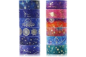 LAMXD Lot de 12 rouleaux de ruban adhésif washi violet galaxie - Ruban de masquage décoratif - Pastel - Pour scrapbooking, papier doré esthétique - Pour le bricolage, l'artisanat,