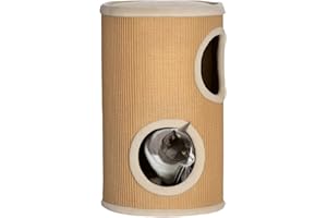 PawHut Kratztonne 60 cm Hoch Ø 35 cm zweistöckige Katzentonne mit Plüschrand, Katzenhöhle, Kratzbaum für Katze bis 5 kg, Braun