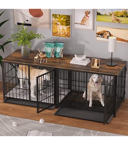 Pefilos 43 Wooden Dog Crates For Large Dogs Indoor Sliding Door Dog Cage Furniture With Wheels Double Doors And Lift Top Dog House Brown
