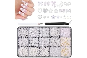 Goiern Charms 3D do zdobienia paznokci, białe kokardki do paznokci, różne koraliki, serce, gwiazdy, paznokcie 3D, zawieszki i koraliki do dekoracji paznokci