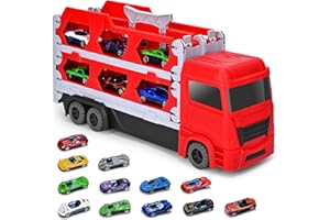 Xoolkly Transport Truck Toy Cars for Boys, Portable Race Track Truck Toy Car with 12 Race Cars, Folding Storage 2 Ejection Race Track, Carrier Truck Toys Set for Boys Girls Aged 3 4 5 6 Red