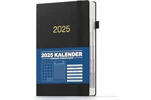 KaKa Dragon Kalender 2025 Terminplaner, Buchkalender Agenda, Deutsches Tagebuch Planer A5 Terminplaner 1 Tag 1 Seite mit Monatsregistern, (416 Seiten) Hardcover (Schwarz)
