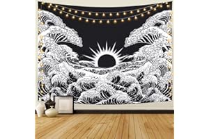 Dremisland Tapiz de Pared Gran Ola Kanagawa Tapiz Mandala Colgar en la Pared Tapicería Tapiz de pared Blanco y Negro Océano Tapestry Tela Decoración para Sala Estar Dormitorio (M/130X150cm)