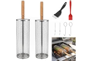 Dcceeo Roterande Grillkorg, 2 st grillkorg med avtagbart handtag och rengöringsborste, stapelbara rostfria grillredskap för grönsaker, kött, skaldjur, present till män