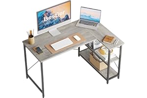 Bestier scrivania per computer con ripiani sotto la scrivania, piccola scrivania ad angolo a forma di L con mensole da 47 pollici, per casa e ufficio, per piccoli spazi in legno P2 Earthen