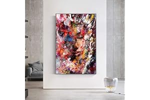 XINMEI ART Moderne Abstrait Femme Visage Graffiti Street Art Toile Peinture Affiches Imprime Pop Wall Art pour Salon Décor Image 50x75cm (20x30in) Cadre Intérieur