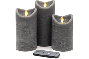 TRONJE Set di 3 LED Candela a Batteria 13+15+18cm con Timer e Telecomando - Durata Luce 80 Giorni - Candela di Vera Cera con Fiamma Realistica - Grigio Rustico