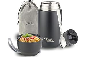 Milu Boîtes Alimentaires Isothermes 450ml I 650ml I 800ml, Boîte Isotherme Repas Chaud Porte-Aliments en Acier Inoxydable à Double Couche, Cuillère Pliante pour Ecole, Bureau (800ml/Noir)