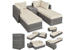 tectake® Luxus Rattan Lounge Set Outdoor, modulares Sofa mit Couch Tisch und Hocker, Balkon Möbel, Garten, Terrasse, Gartenmöbel Set wetterfest, Balkon Lounge, Gartenlounge - grau