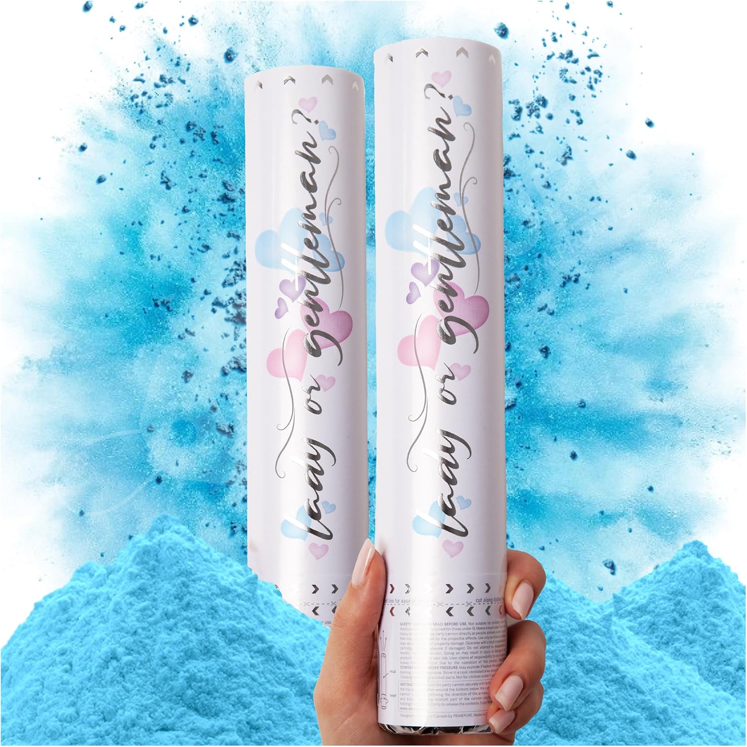 PrimePure Canon Confettis Gender Reveal Poudre Bleu Biodegradable, Lot de 2 | Poudre bleue, fumigène, idéal pour gender reveal bombe, annonce grossessee, baby shower garçon, intérieur et extérieur.