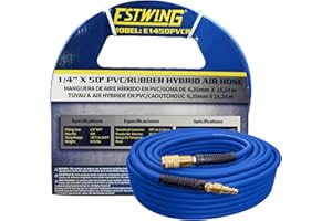 Estwing E1450PVCR 50' PVC/Rubber Hybrid Air Hose with Brass NPT Industrial Fitting and Universal Quick Connect Coupler, Blue and Yellow, 1/4" x 50’