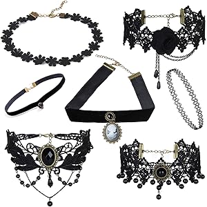 Shining Diva Fashion Jewellery Girls/Women\'s Black Fabric Lace Chokers Stylish Necklace Combo Set of 7 Pieces (cmb271)