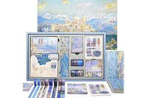 TANGBOLIBO Aesthetic Scrapbook Kit Box with Notebook, 140pcs (Stickers, Label & Sticky Notes), 7 Rolls Washi Tape and Ruler. Oil Painting Decorations Stationery for Gift, Journaling, Planner, DIY (Castle)